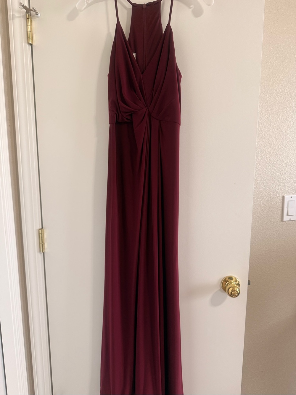 David's Bridal Burgundy Twisted-Front Spaghetti Strap Maxi